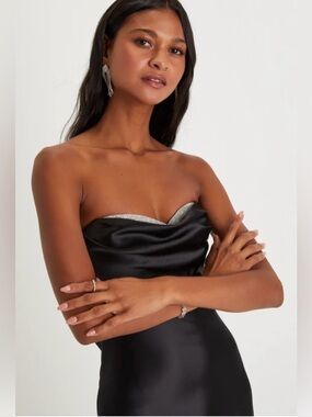 NWT Lulu's Black Strapless Satin Dress with Rhinestone Trim Open Back Small